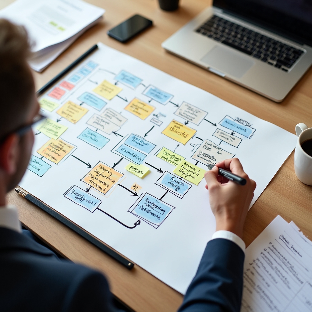 Procesní mapa nakreslená na tabuli při workshopu